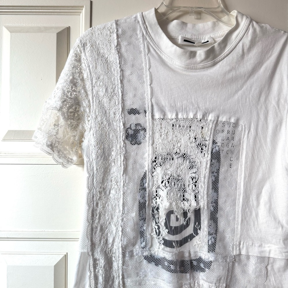 McQ by Alexander McQueen Lace Layered Asymmetrical White Tee - Picture 3 of 8